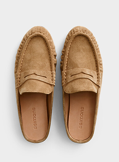 Simons Fawn/Tobacco Caramel suede padded loafer mules for women