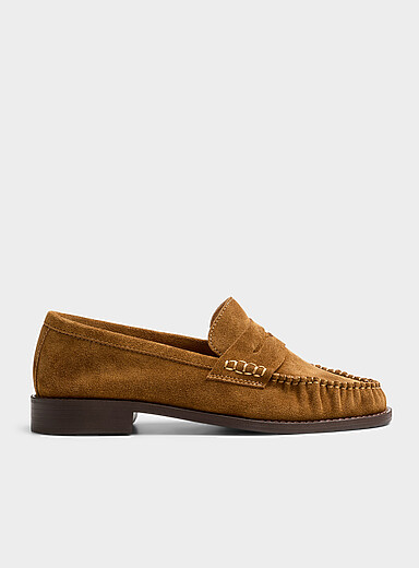 Simons Fawn/Tobacco Tan suede ruched loafers Women for women