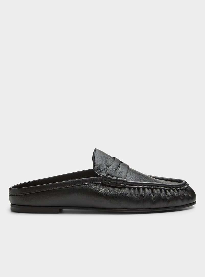 Black leather padded loafer mules product image (primary)