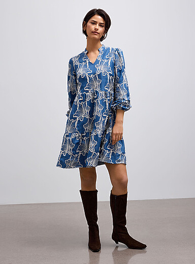 Embroidered faux-denim tiered dress