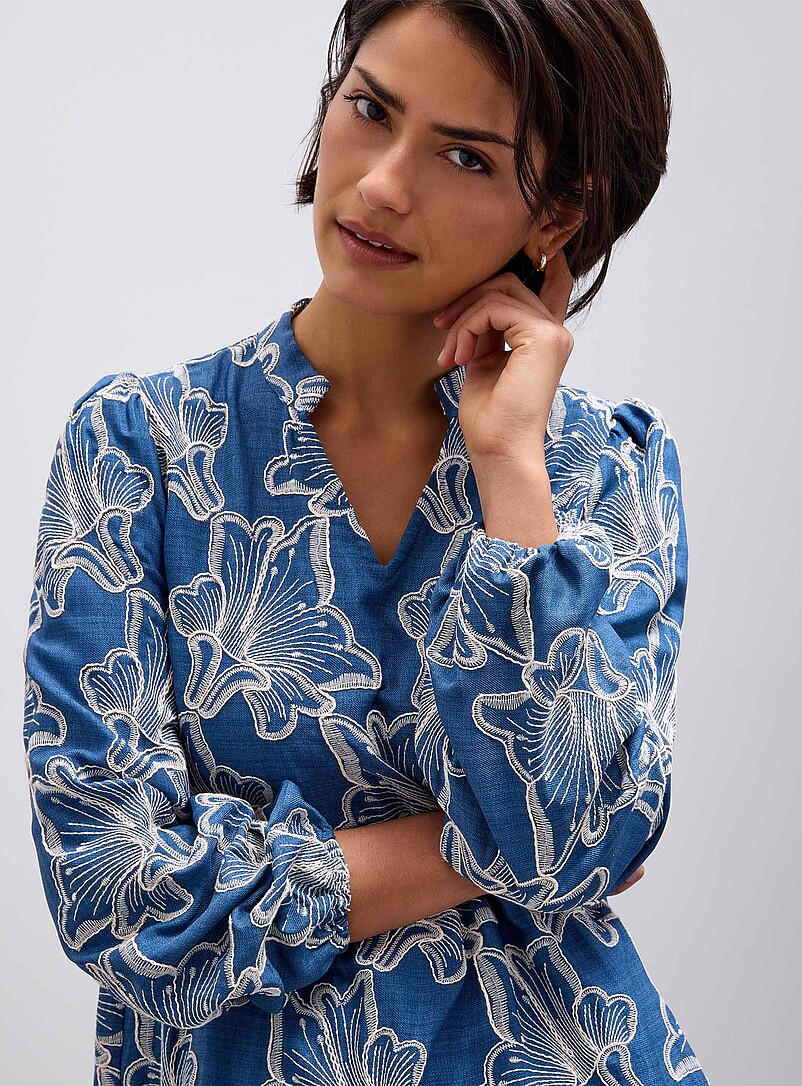 A-View Blue Embroidered faux-denim tiered dress for women