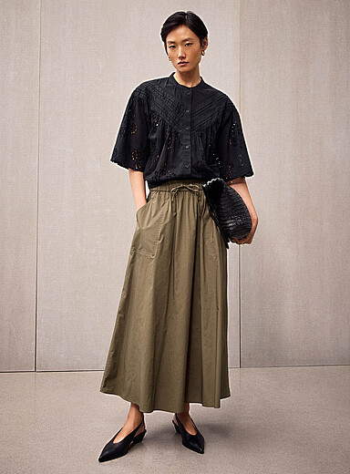 Second Female: La longue jupe popeline kaki taille &eacute;lastique Brun noisette pour femme