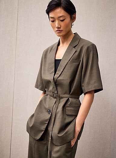 Second Female Hazelnut Belted short-sleeve long blazer for women