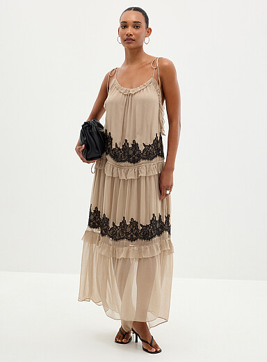Second Female Taupe Lace and tiered chiffon sleeveless dress for women