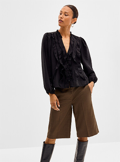 Second Female Black Ruffled V-neck buttoned blouse for women