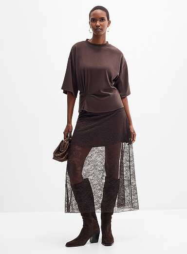 Second Female Chocolate/Espresso Floral lace tiered skirt for women