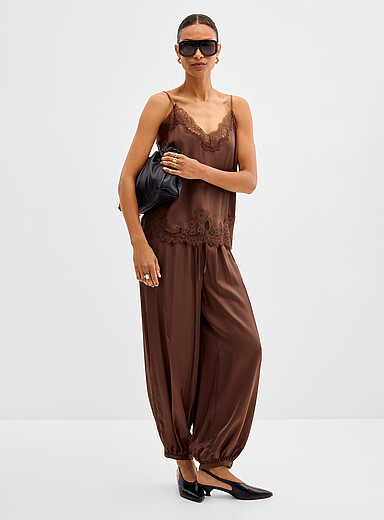 Second Female Brown Chocolate satin blousing pant <b>Fit: Loose leg, high rise</b> for women
