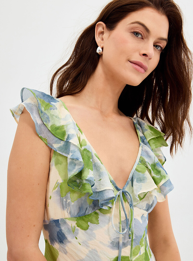 MINKPINK: La robe jardin aquarelle &agrave; volants Carrie Bleu &agrave; motifs pour femme