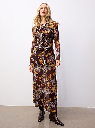 MINKPINK Patterned Brown Fall flowers ruched micromesh dress for women