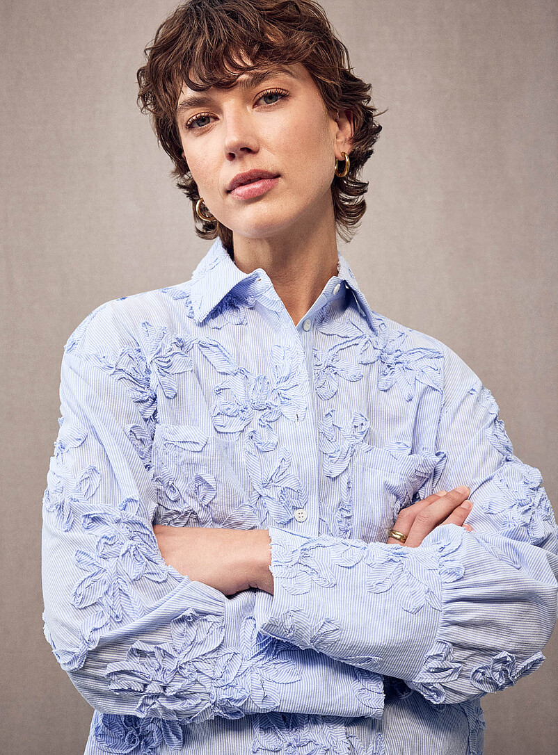 2NDDAY Baby Blue Floral decals loose striped shirt for women