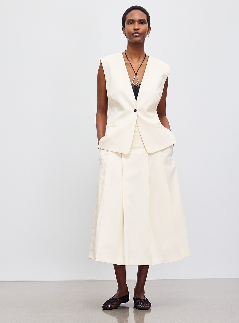 Flat-Pleat Vanilla Midi Skirt