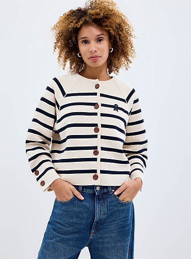 Le cardigan ray&eacute; manches ballons pur coton