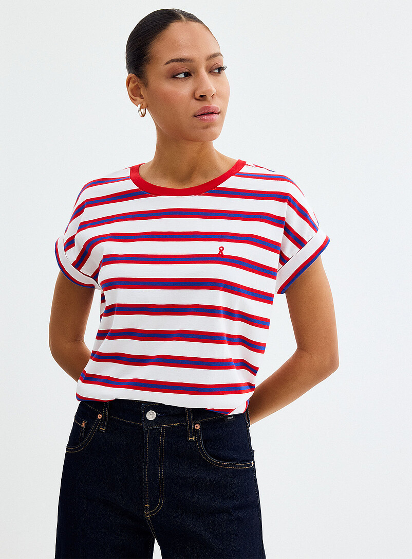 Navy stripes cap-sleeve T-shirt product image (primary)