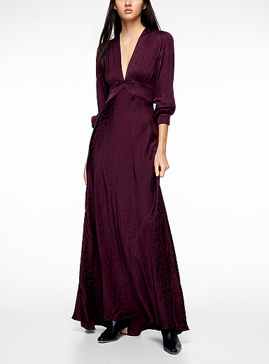 Rixo Burgundy Emory floral jacquard satiny dress for women