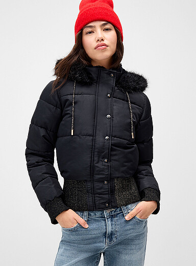 Juicy Couture Black Metallic thread faux-fur cropped puffer jacket for women