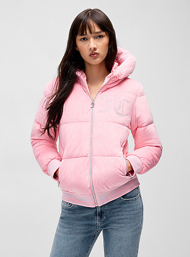 Juicy Couture Pink Rhinestone logo cropped velvety puffer jacket for women