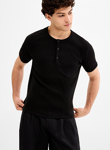 Ribbed jersey Henley T-shirt <b>Imported from Seoul</b>