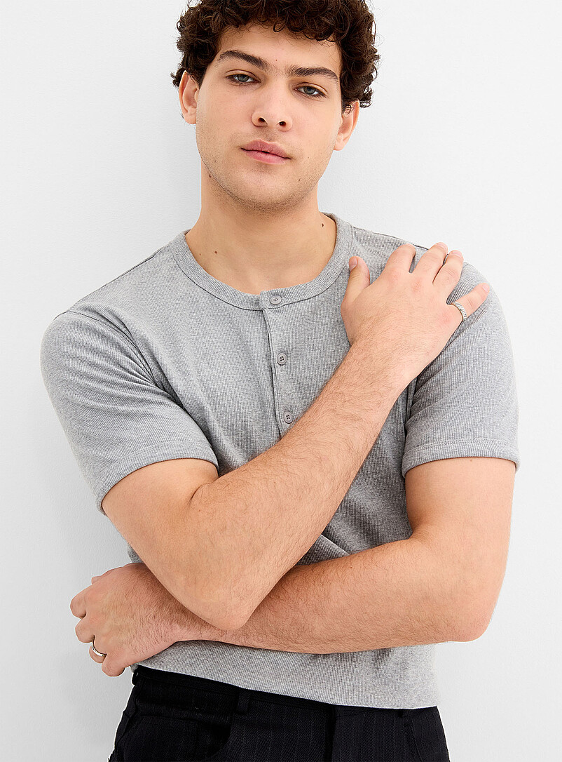 Ribbed Jersey Henley T-Shirt Imported From Seoul