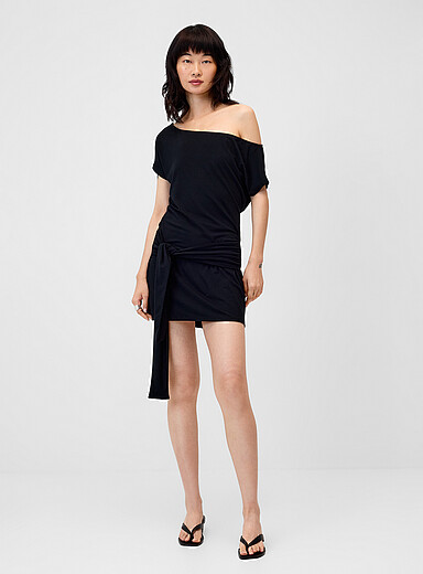 Motel Black Waist ribbon off-the-shoulder dress for women