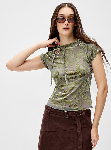 Motel Green Flocked floral bouquets fitted T-shirt for women