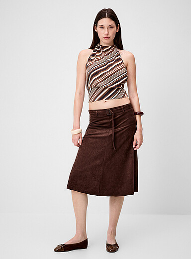 Belted suede midi skirt