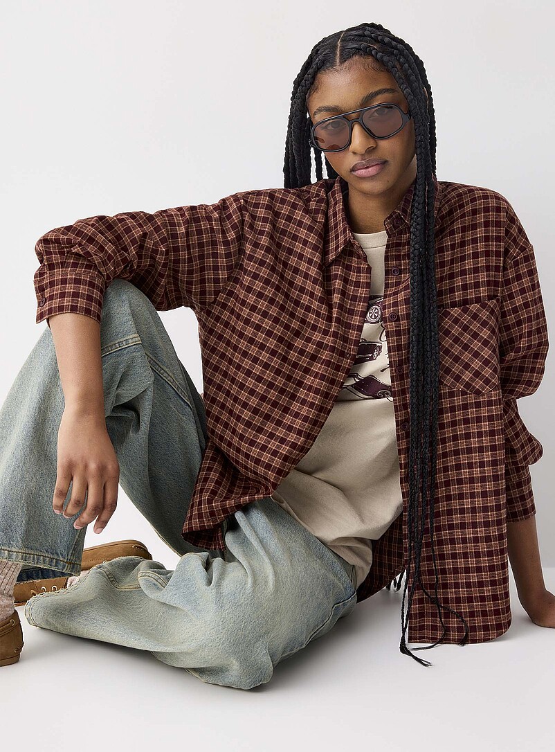 Blouse à Carreaux En Flanelle Douce Pour Femme - Chemisier Confortable Manches Longues Avec Poche Et Col En V