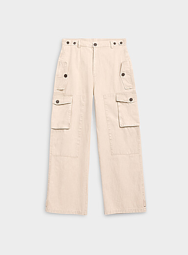 Found Ivory/Cream Beige Herringbone weft cargo pant Loose fit for men