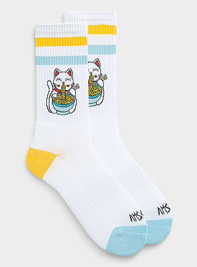 Cat and ramen ribbed socks