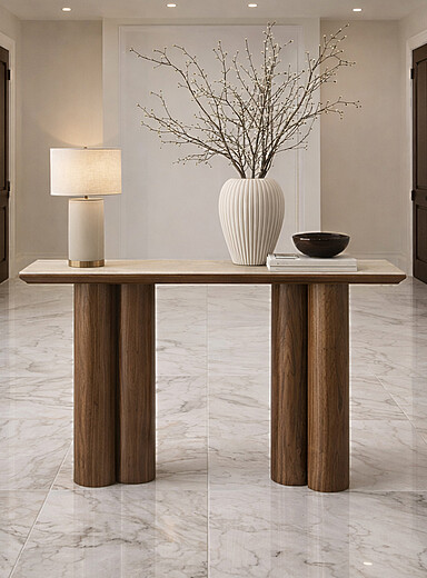Double pedestal stone and wood console
