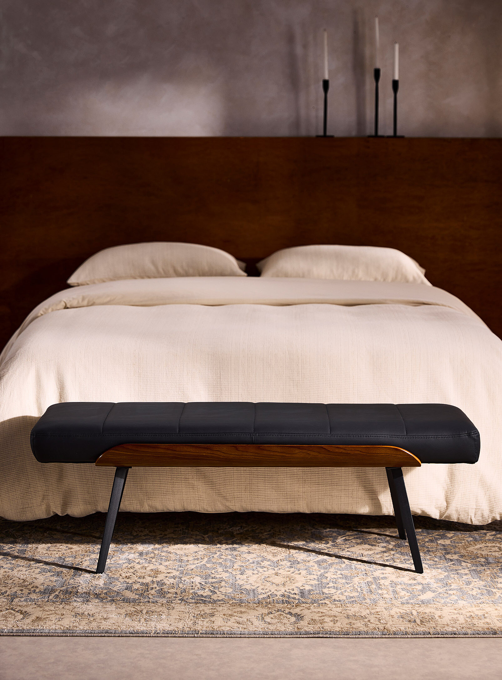 SIMONS MAISON CUSHIONED BENCH IN TOPSTITCHED FAUX LEATHER