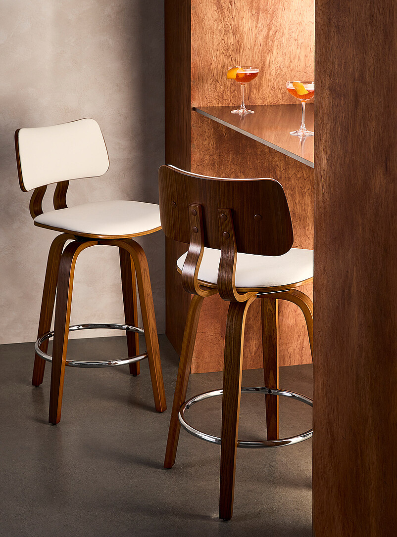 Walnut Veneer Faux-Leather Swivel Counter Chair