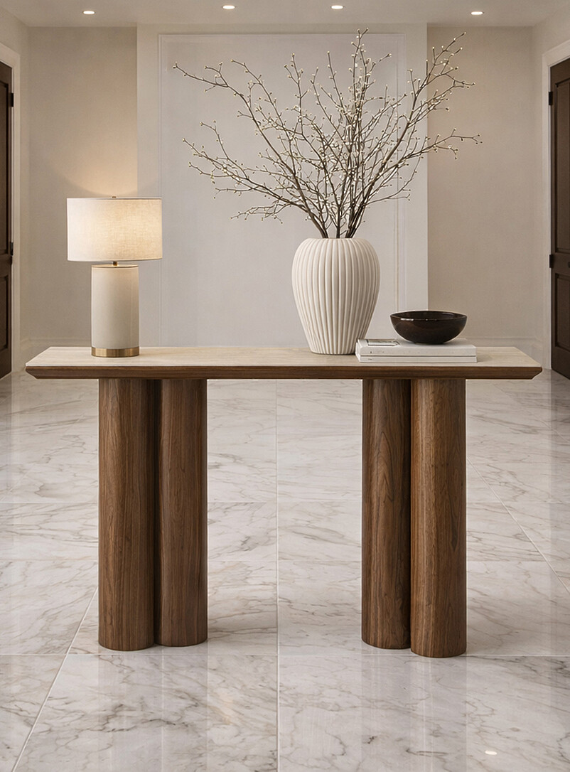 Double pedestal stone and wood console product image (primary)