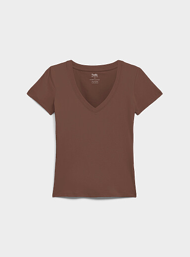 Twik Taupe Organic cotton V-neck T-shirt <b>Super slim fit</b> for women