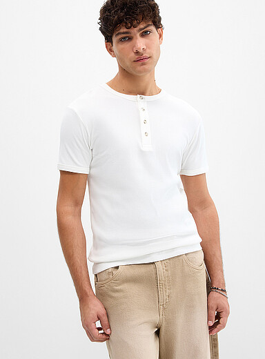 Le 31: Le t-shirt henley c&ocirc;tel&eacute; <b>Coupe ajust&eacute;e</b> Blanc pour homme