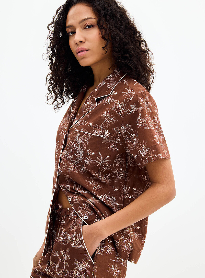 Miiyu Patterned Brown Tropical expression flowy piped pyjama set for women