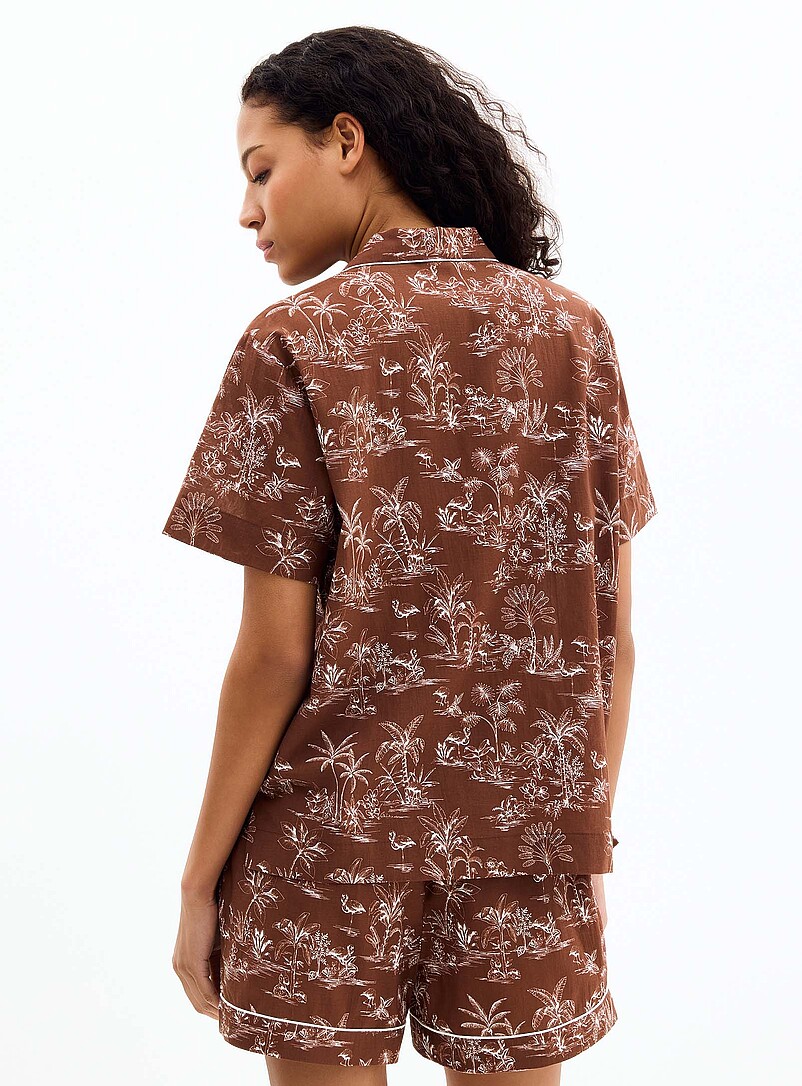 Miiyu Patterned Brown Tropical expression flowy piped pyjama set for women