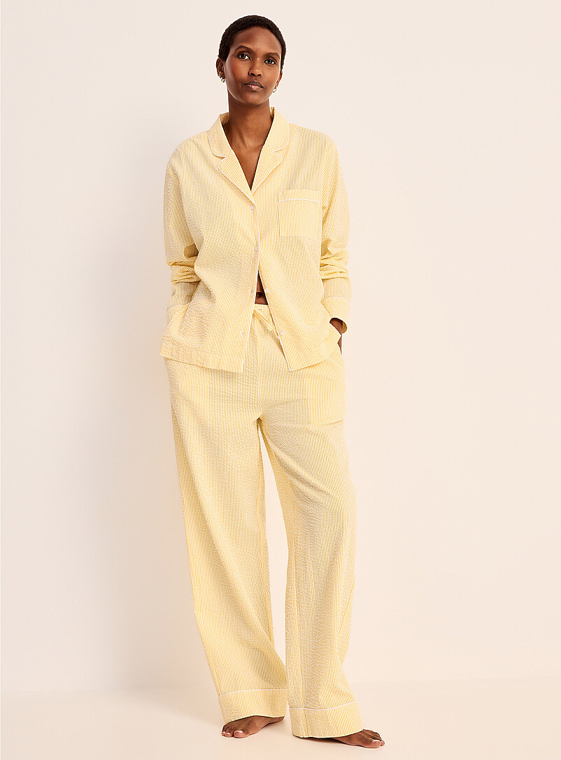 Miiyu Patterned Blue Piped striped seersucker pyjama set for women