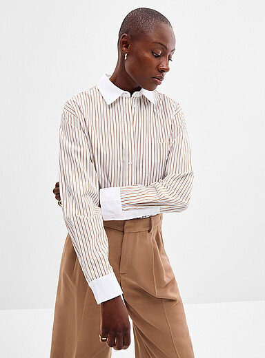 Contemporaine Patterned Cream Striped poplin boxy shirt for women