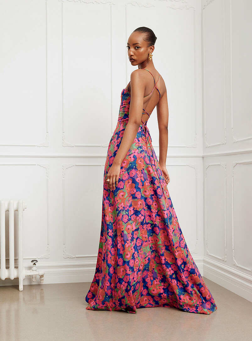 【ROBE de FLEURS Glossy】GL3617 La longue robe dos lacé fleurs vibrantes Isabella | Arti Gogna