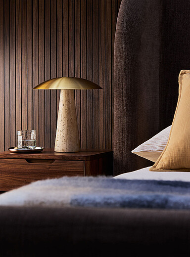 Metal and travertine round table lamp