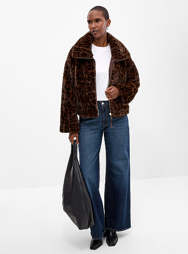 Numph Patterned Brown Leopard faux fur zip jacket for women