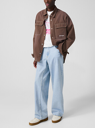 Palm Angels Baby Blue Light blue wide-leg jeans with curved logo for men