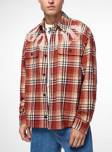 Palm Angels Orange Distressed logo checkered flannel overshirt for men