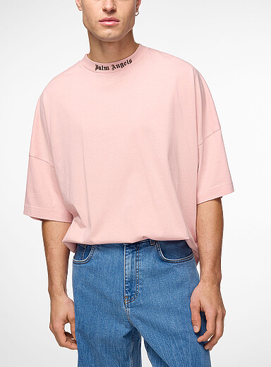 Palm Angels: Le t-shirt surdimensionn&eacute; logo col et dos Rose pour homme