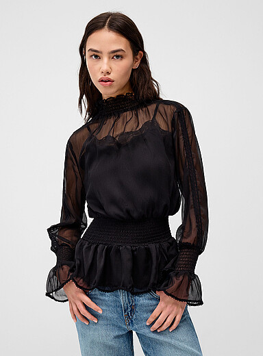 Twik Black Smocked details sheer blouse for women