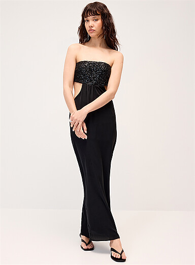 Shimmering neckline satin maxi dress