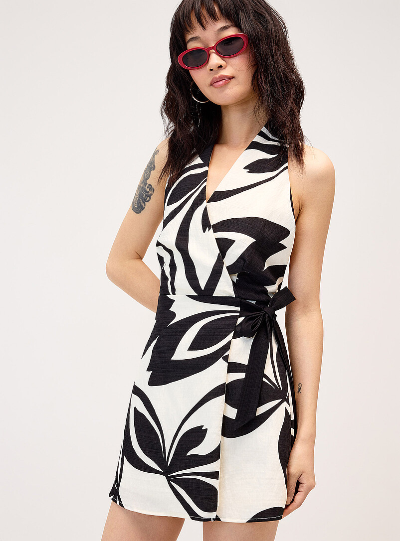 Black-And-White Print Wrap Minidress