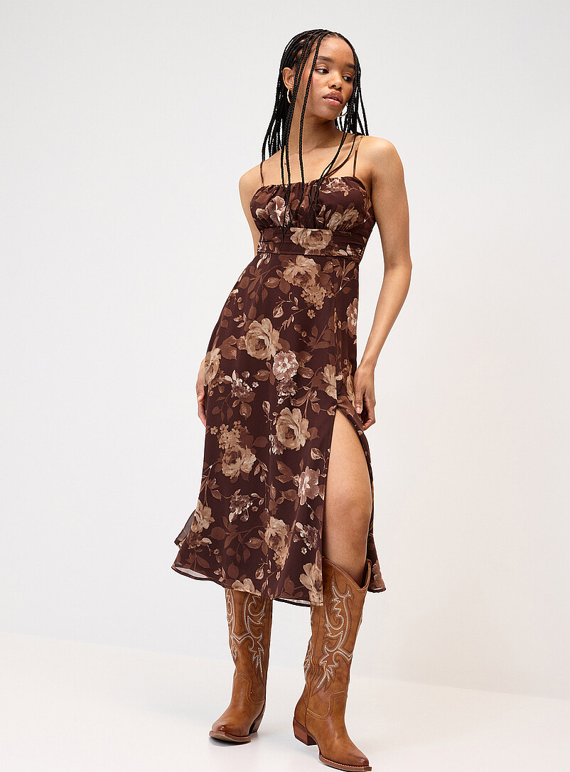 Brown flowers chiffon midi dress product image (primary)