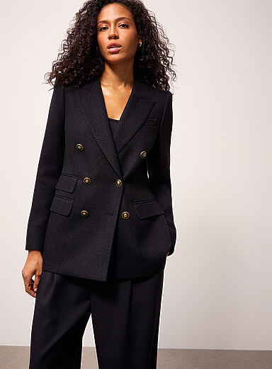 REISS Black Lauryn textured herringbone double-breasted blazer for women