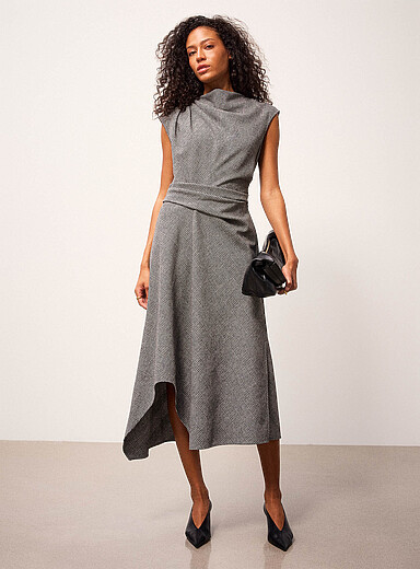 REISS: La robe drap&eacute;e prince de Galles Clara Gris &agrave; motifs pour femme